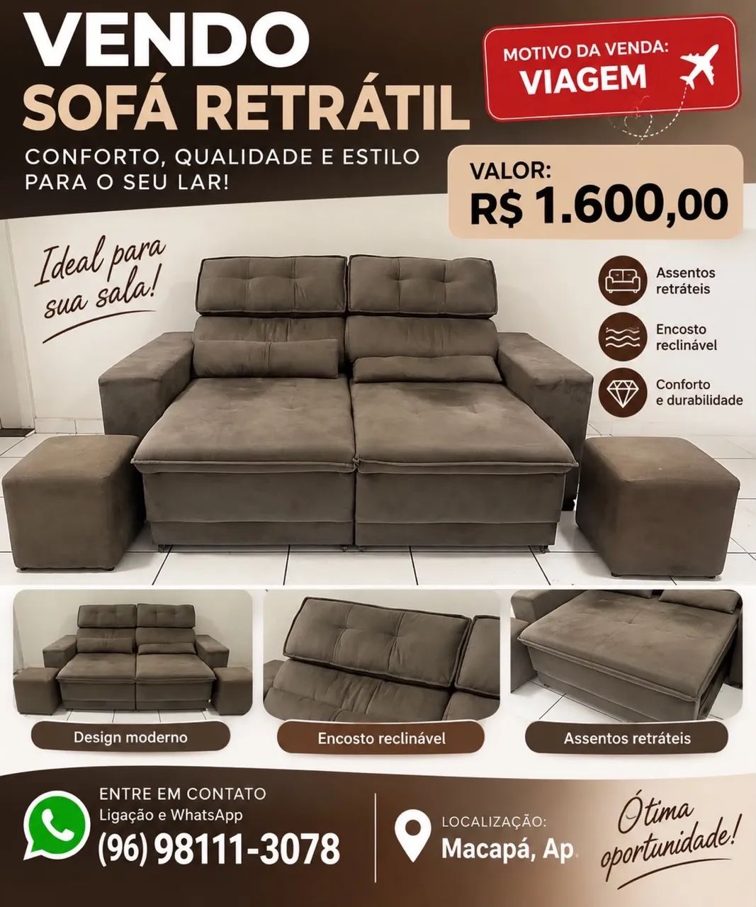 Vendo sofá retrátil de 3 lugares 