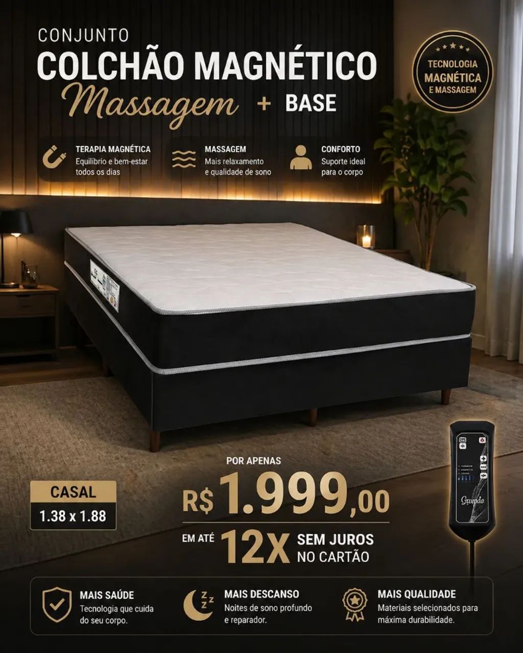 Conjunto Colchão Magnético Massagem + Base Casal