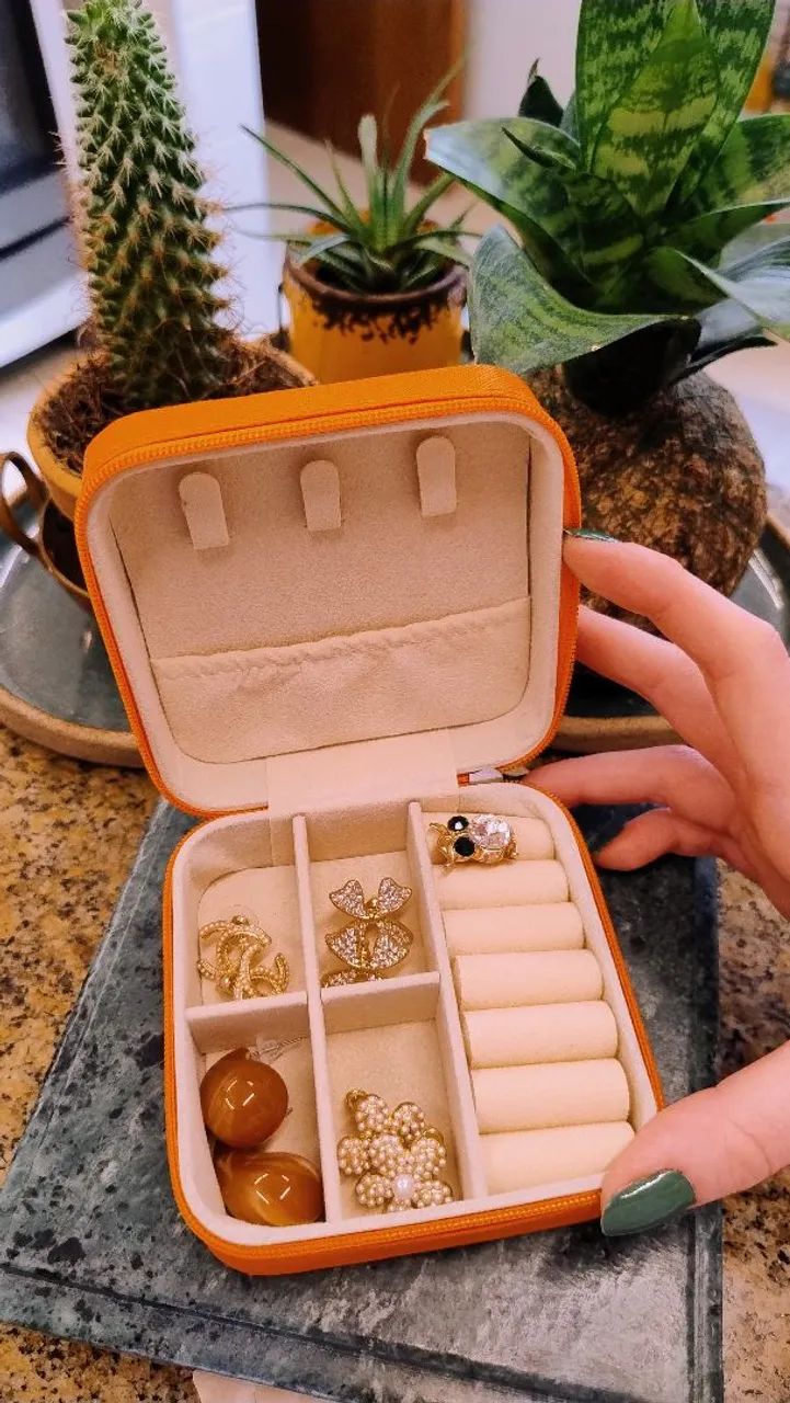 Porta-joias Laranja de Viagem com Divisórias e Zíper