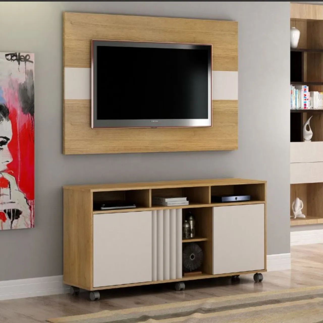 Rack com Painel Viena Tv Até 55 Polegadas C/ Rodízios Valdemoveis Off/Cinamomo <br>
