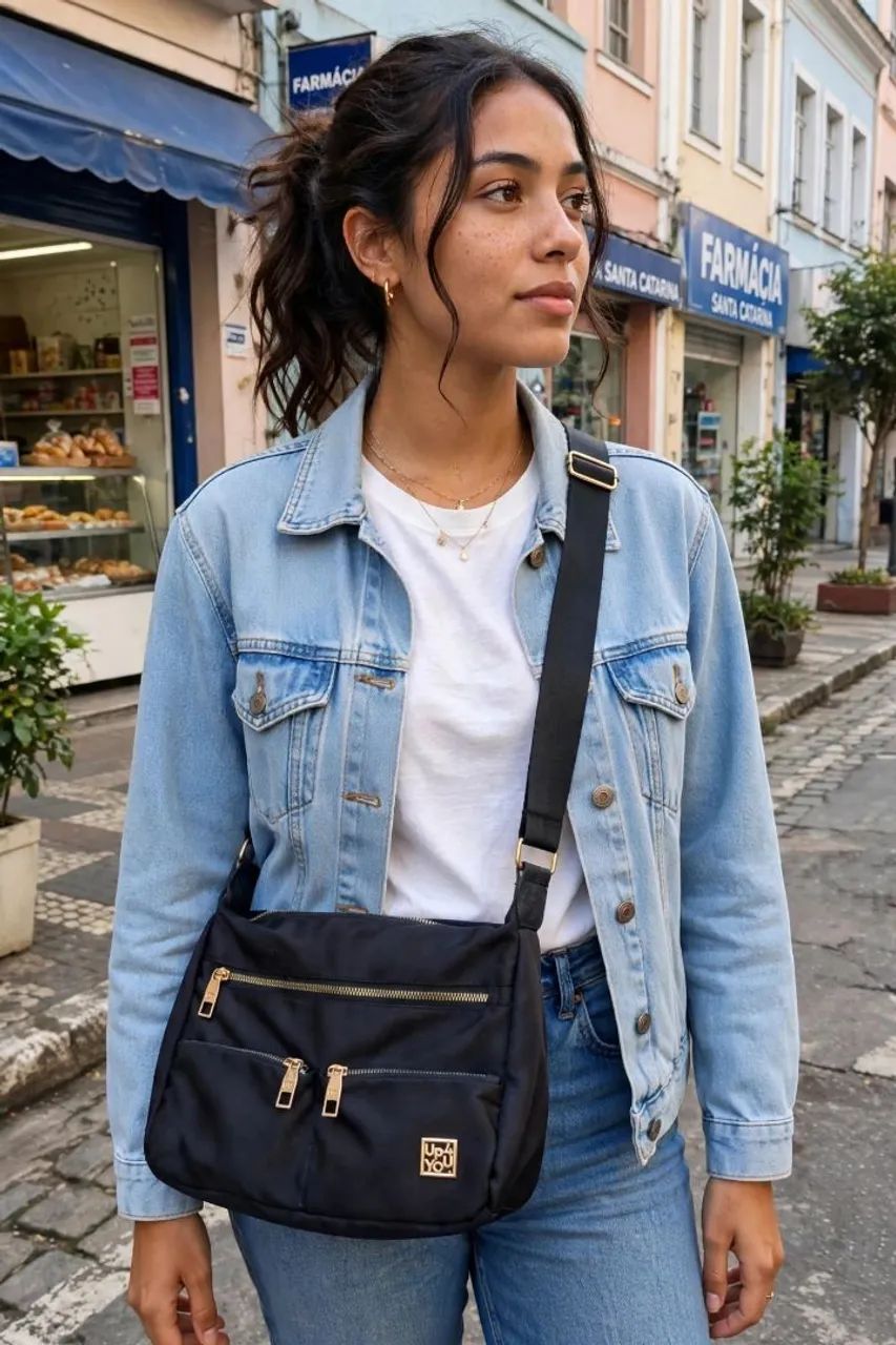 Bolsa lateral grande preta com várias divisórias