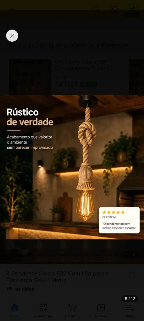 Pendente corda rústico com lâmpada st64 - Foto 3