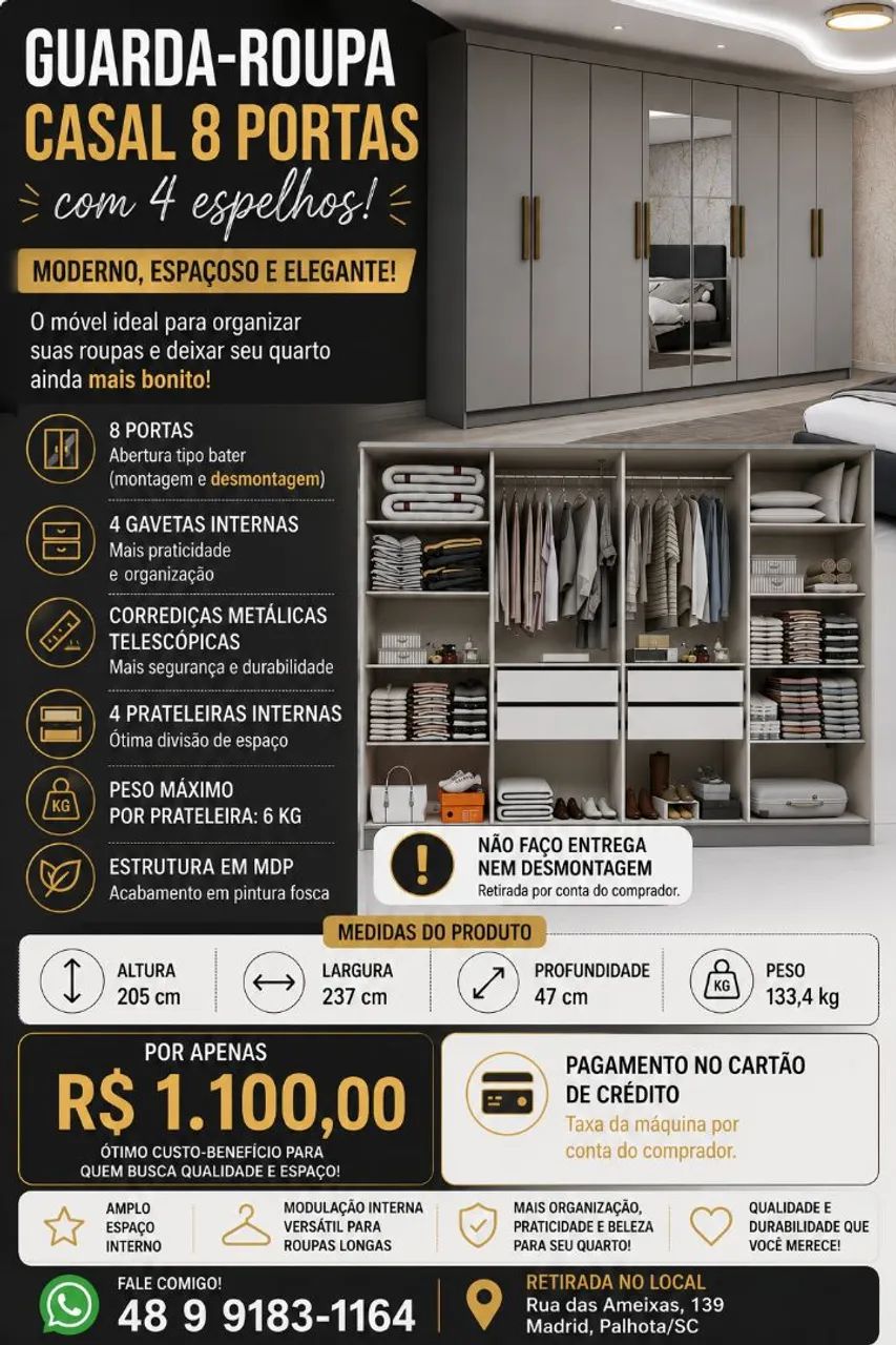 Guarda-roupa Casal 8 Portas com 4 Espelhos - Foto 3