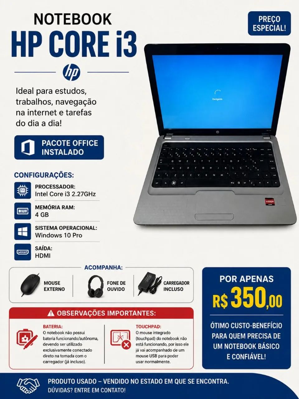 Notebook HP Core i3 / 4GB RAM / Windows 10
