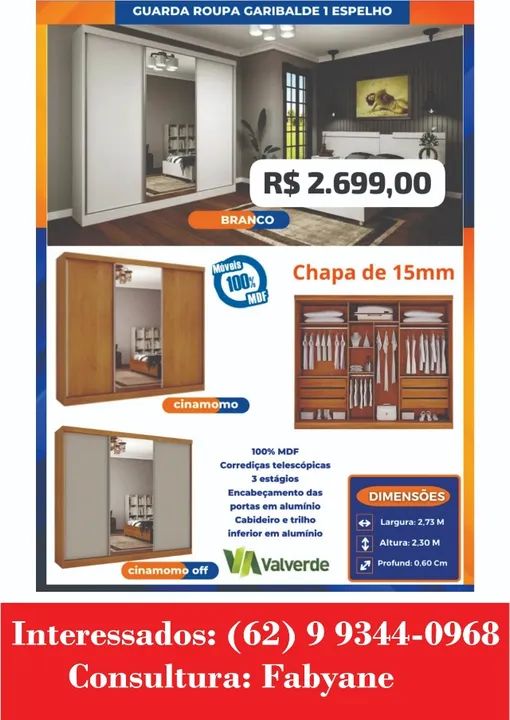 Guarda Roupa Garibalde 1 Porta com espelho
