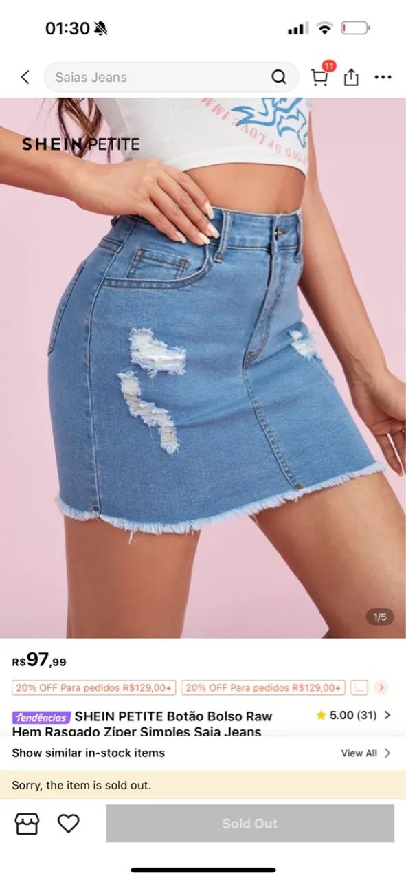 Saia Jeans SHEIN Petite com Detalhes Destroyed 85% algodão 