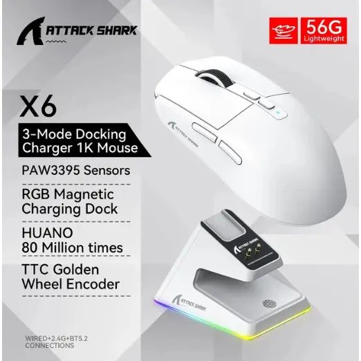 Mouse Shark X6 Sem Fio Com Dock Rgb Sensor Paw3395 Tri-mode Lacrado  - Foto 3