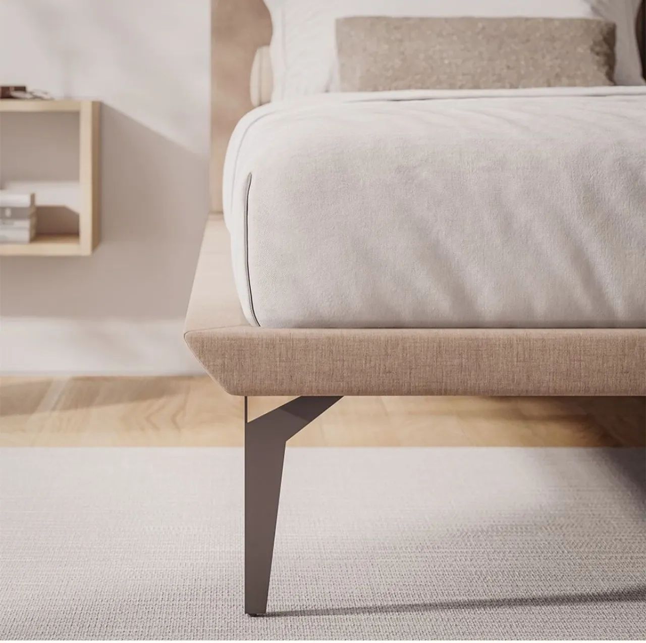 Base para cama Queen Size, de tecido linho com Pés de Metal
