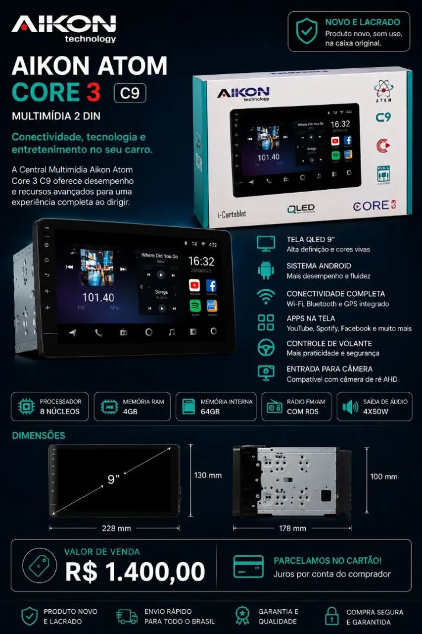 Central multimídia Qled AIKON ATOM CORE3
