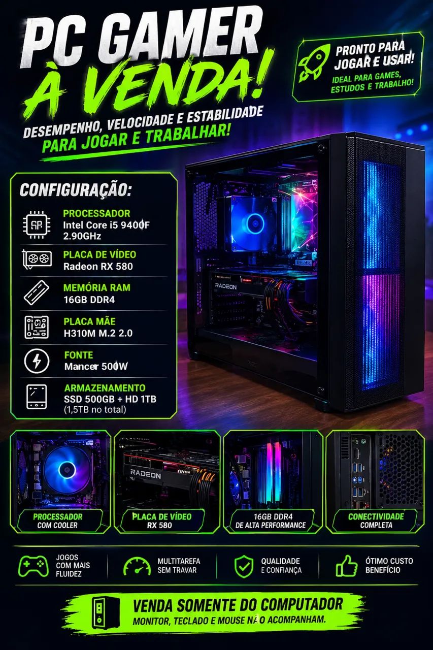 PC Gamer i5 9400F RX 580-8GB RAM-16GB SSD 500GB HD 2TB
