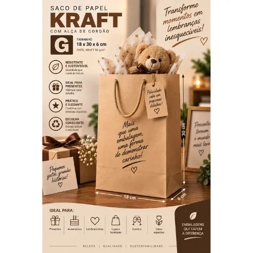 Sacola delivery/presentes com alça de cordão MINI/PP/P/M - Kraft Liso 90g - Foto 3