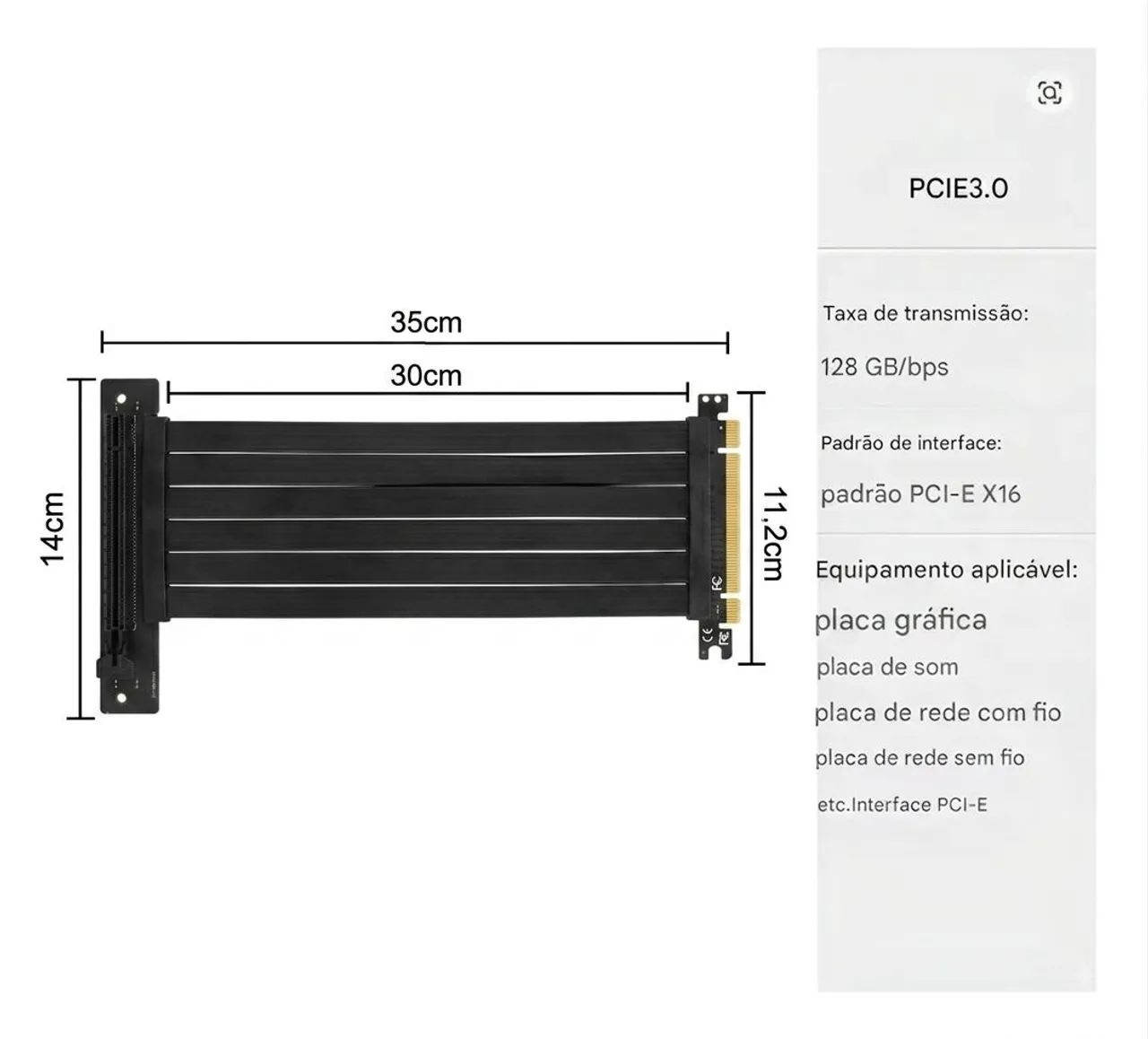 Cabo Adaptador Riser Extensor Flexível PCI-E 3.0 X16 35cm Blindagem EMI