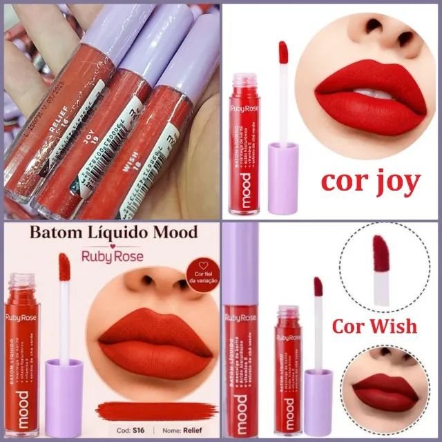 Batom liquido ruby rose linha moods,matte na medida certa, Relief, Joy, Wish, romance