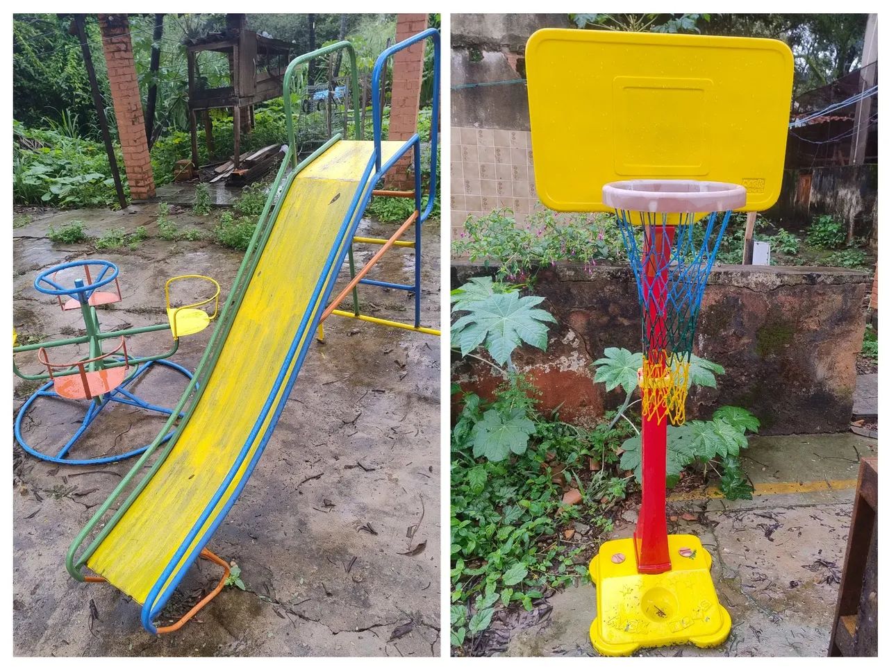 Brinquedos, escorregador, gira-gira e cesta de basquete 