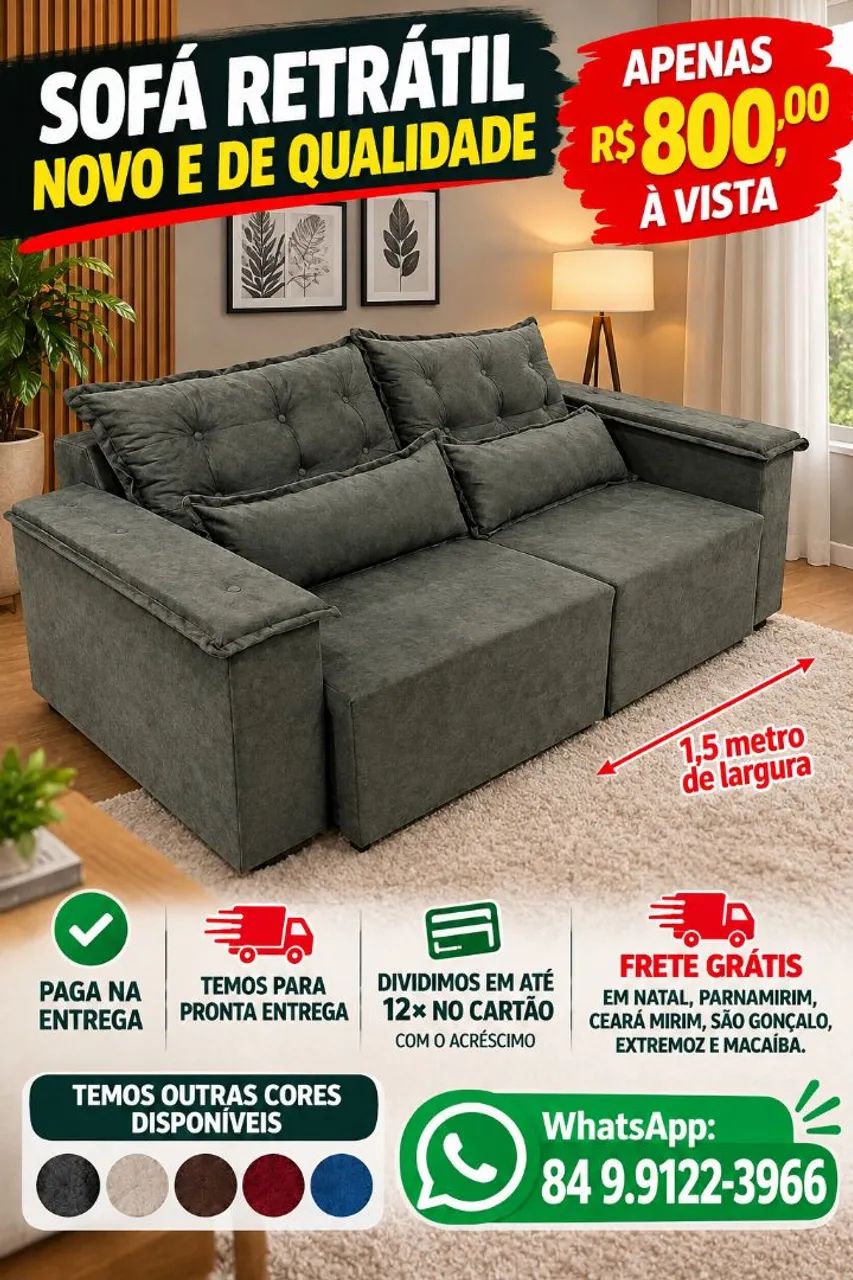Na compra só sofá retrátil, ganhe a entrega grátis e pague na entrega.