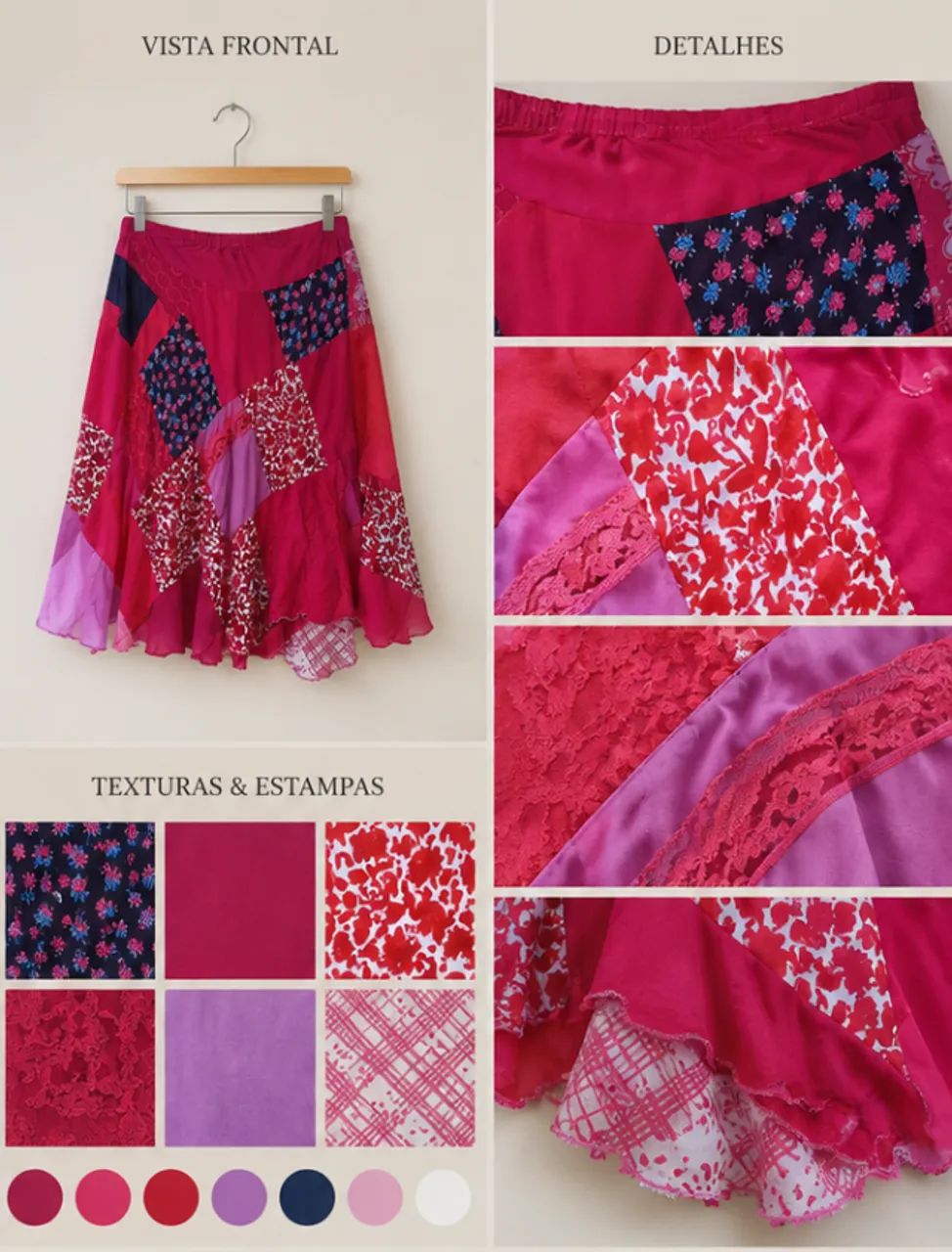 Saia midi patchwork vermelha estampada - Foto 3