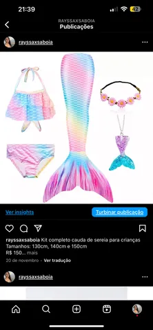 Kit Cauda De Sereia C/ Nadadeira + Biquíni Infantil Completo