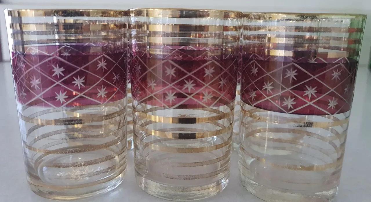 Antigo Cristal Demi Rubi Fio De Ouro 6 Copos