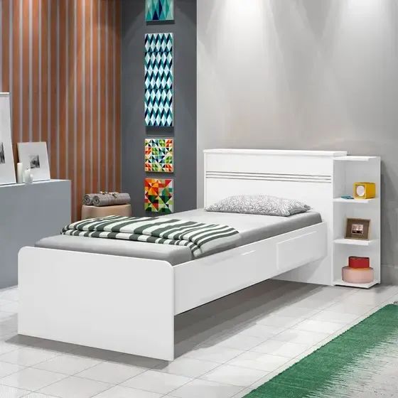 Cama Solteiro Baú Jade com Gavetas Branco.Lilas Flex J.A Moveis - Entrega Rápida! 