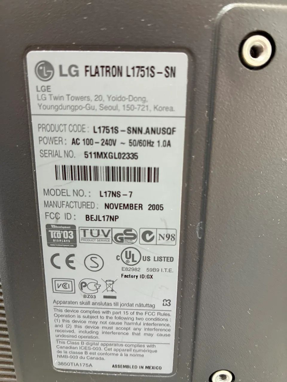 Monitor LG L1751S 