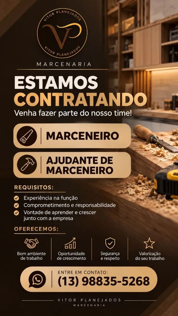 Vaga para marceneiro e ajudante