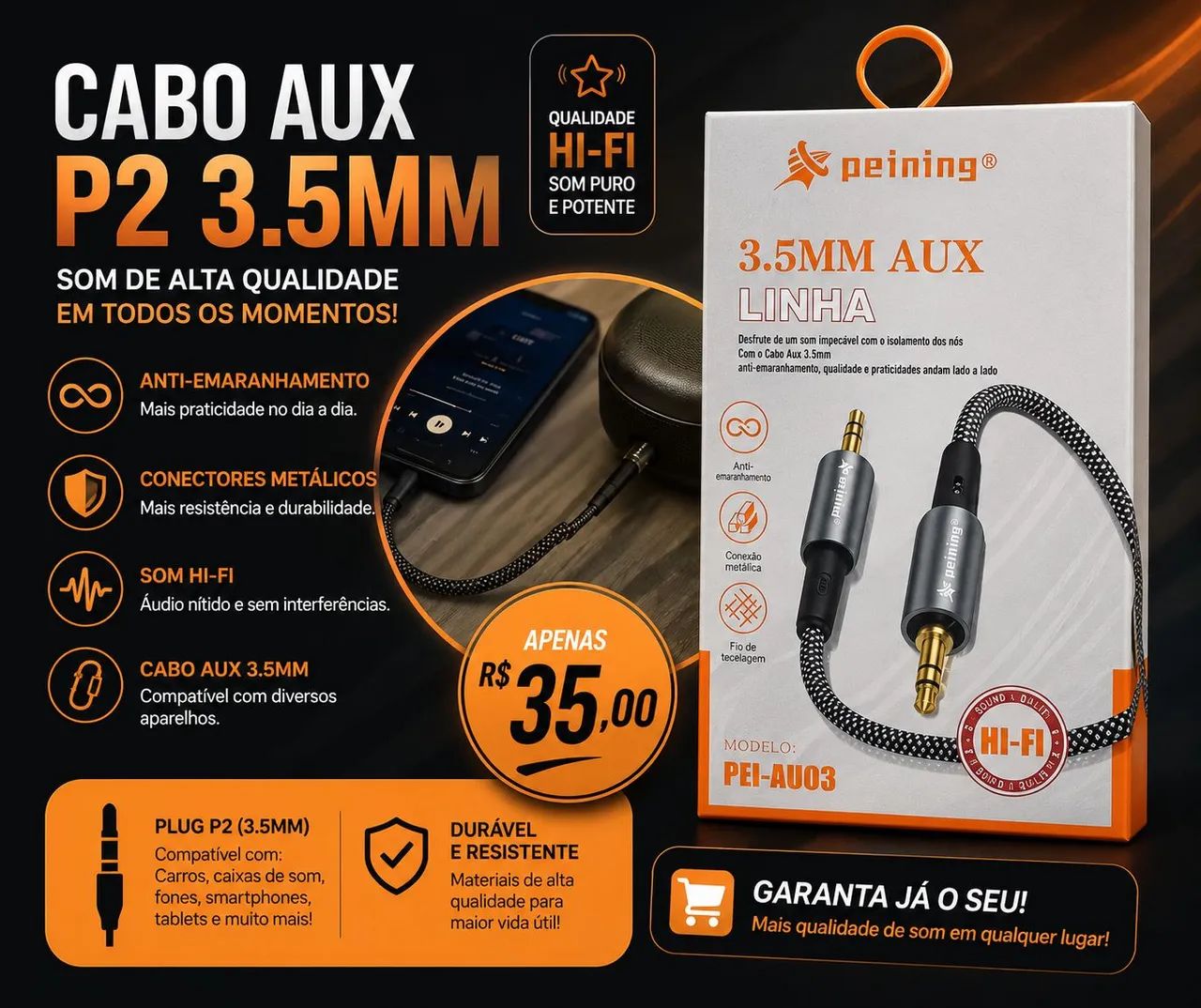 ? CABO AUX 3,5 MM ? SOM DE QUALIDADE!
