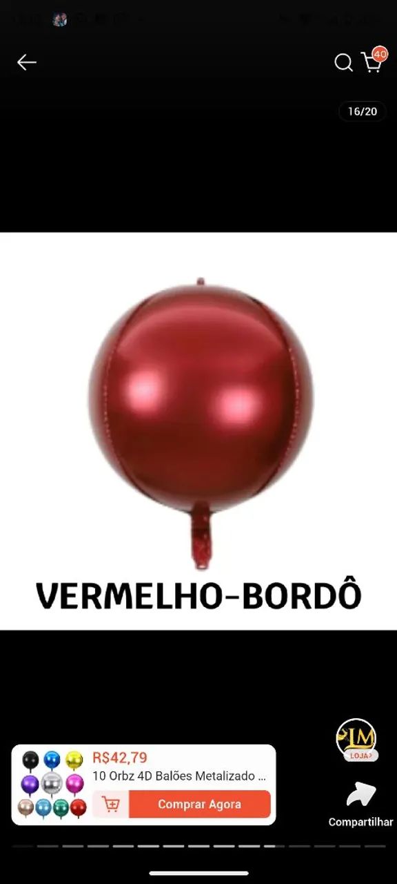 13 BALÕES BOLA VERMELHO BORDÔ METALIZADO 4D 22' POLEGADAS  - Foto 2