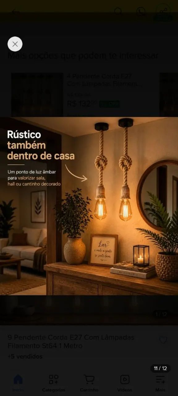 Pendente corda rústico com lâmpada st64 - Foto 2