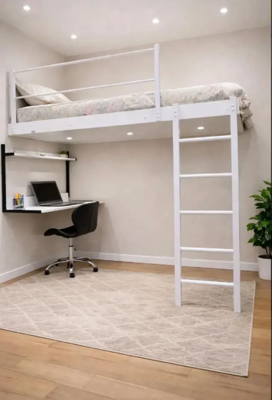 Cama suspensa com escada e led 
