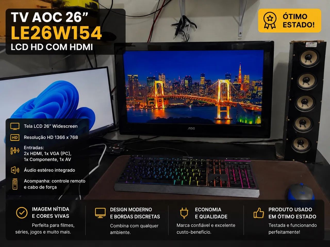 TV AOC 26? LE26W154 LCD HD com HDMI - Ótimo Estado