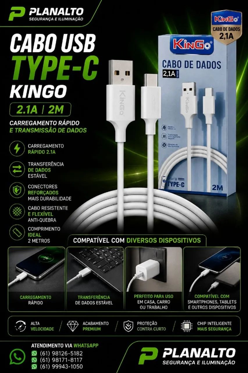 Cabo Tipo-c Kingo 2.1A 2 METROS NOVO 
