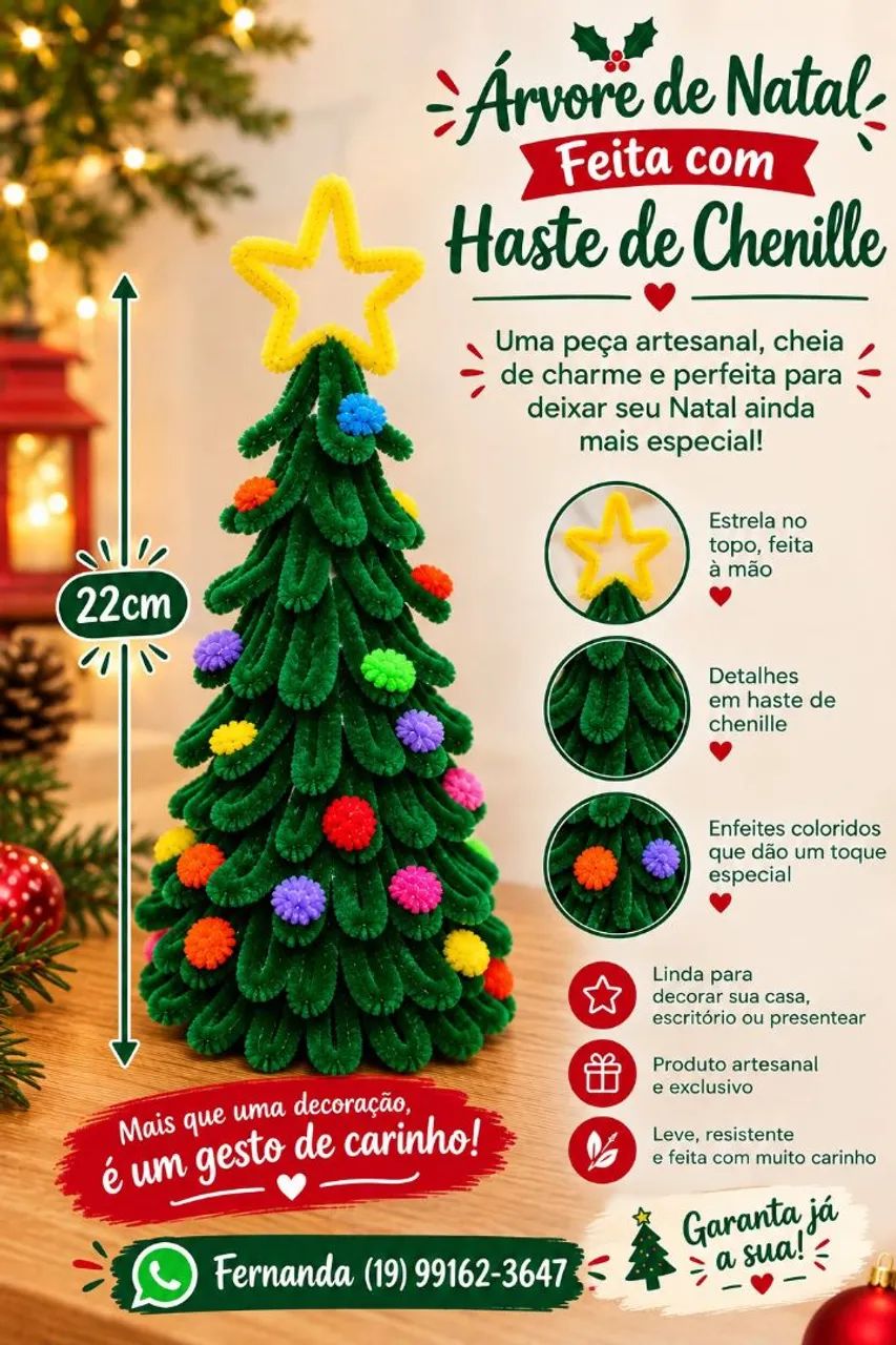 Kit 2 árvores de Natal decorada de haste de chenille 22cm cada