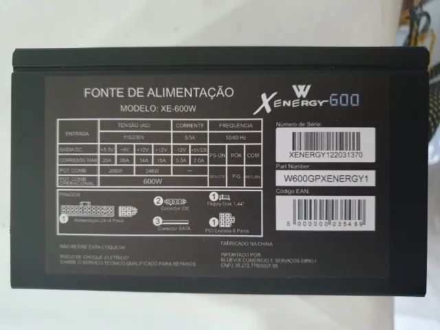 Fonte 600w X Energy  R$ =  110,00