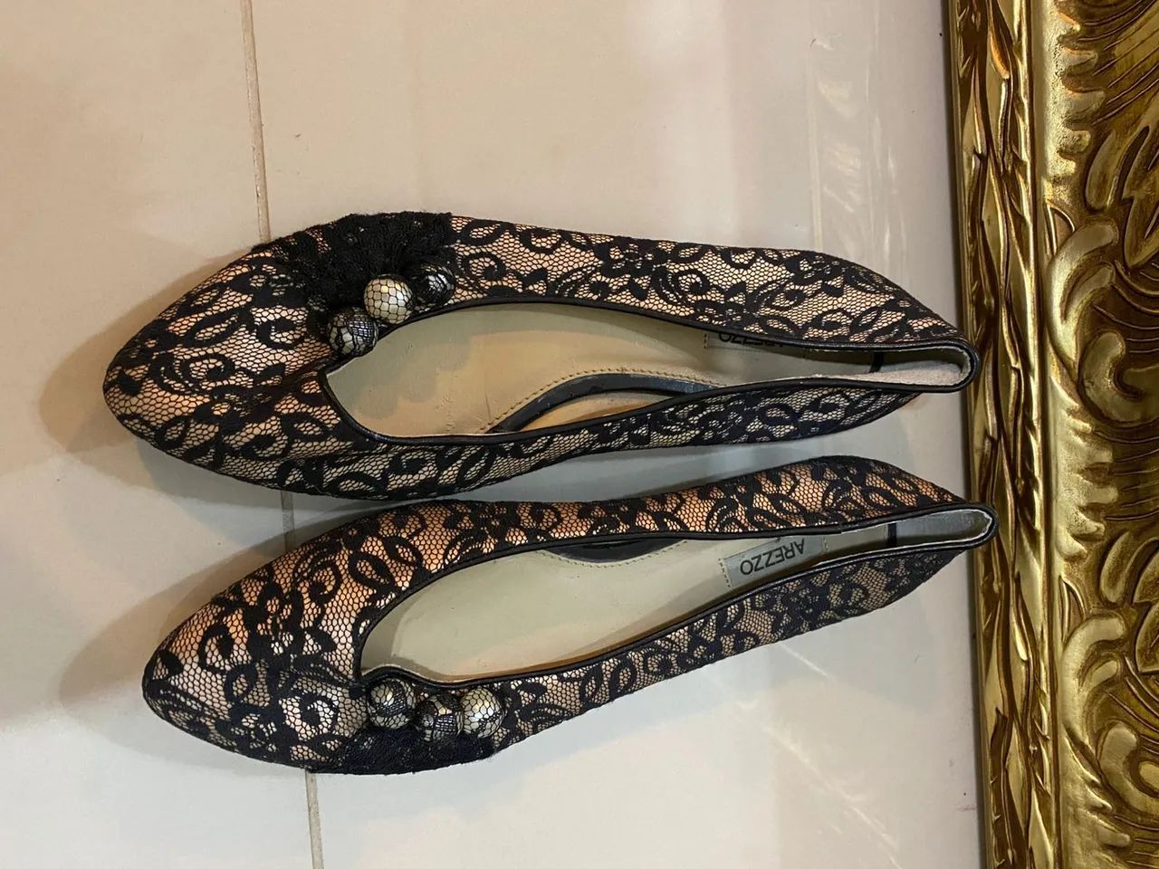 Sapatilha renda arezzo nova renda preta com pérolas 