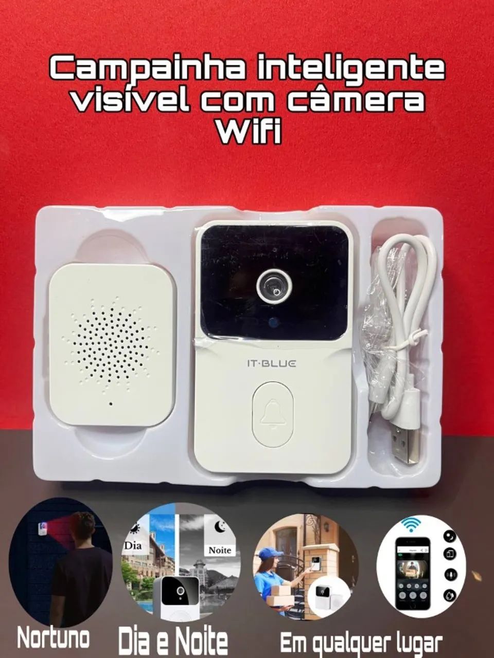 Campainha Com Câmera Wi-fi Sem fio Inteligente Interfone Áudio - Foto 2
