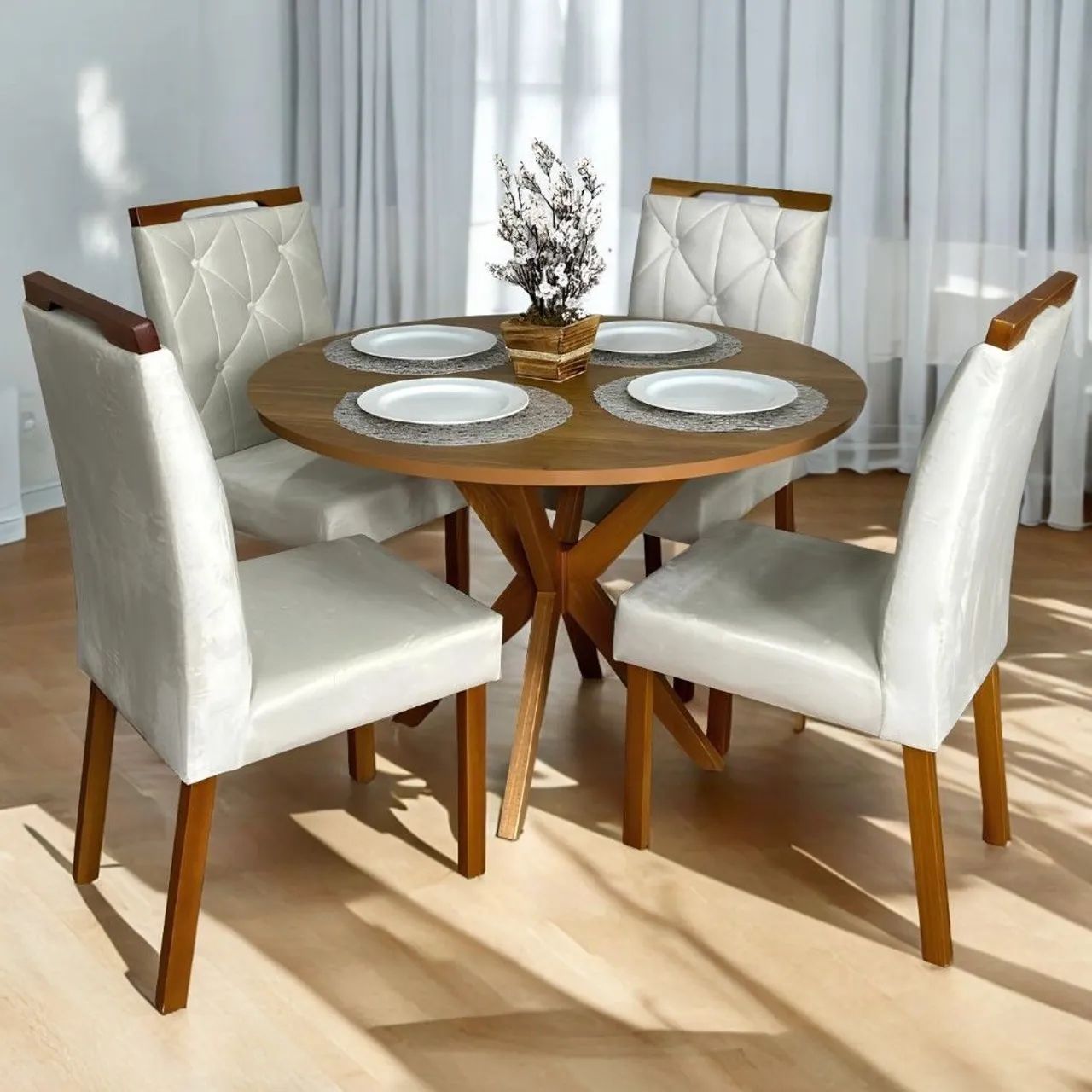 Mesa de Jantar Redonda com 4 Cadeiras em madeira maciça!! 726tt7