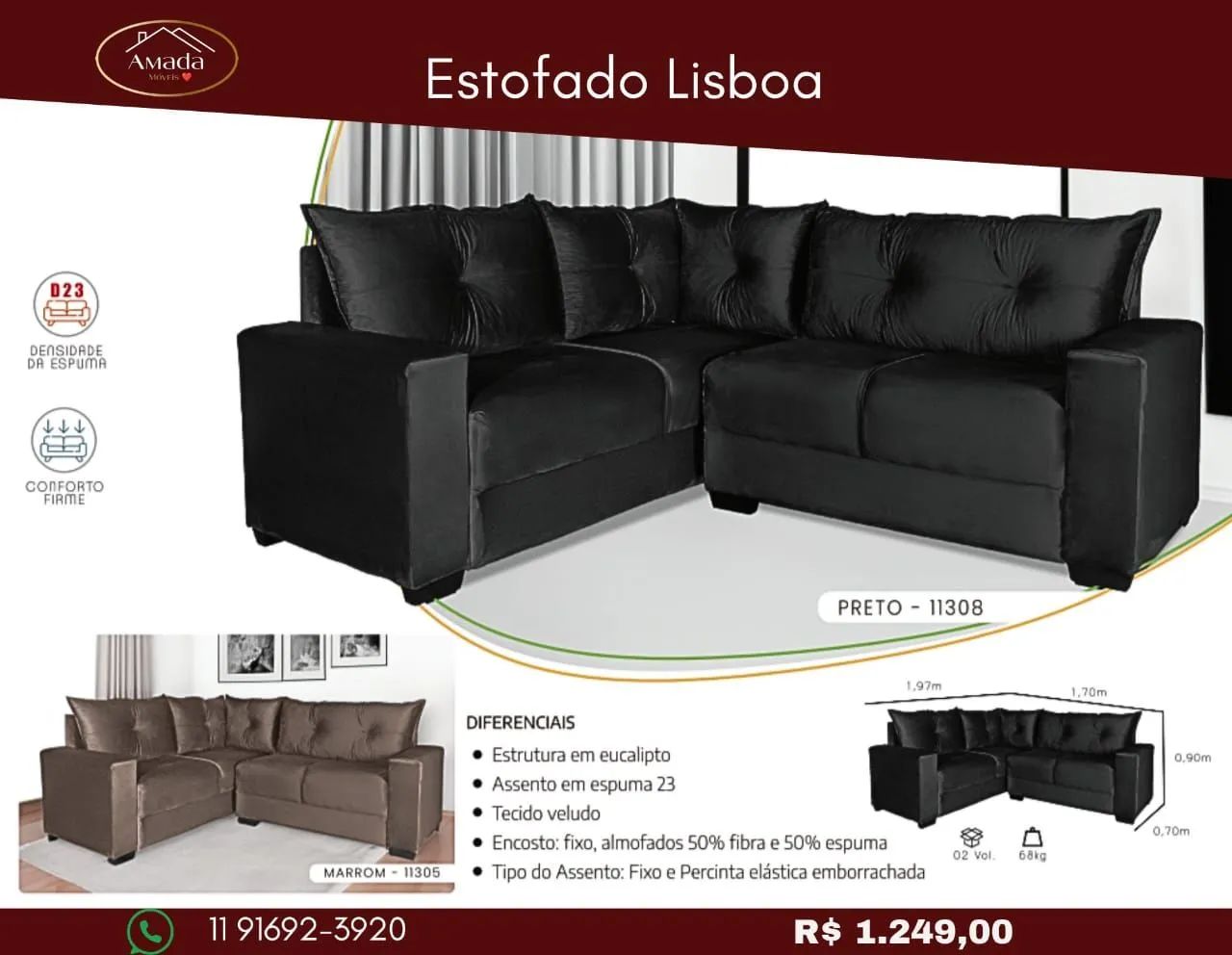 Sofá de Canto Lisboa Preto - entrega em 3 Dias 