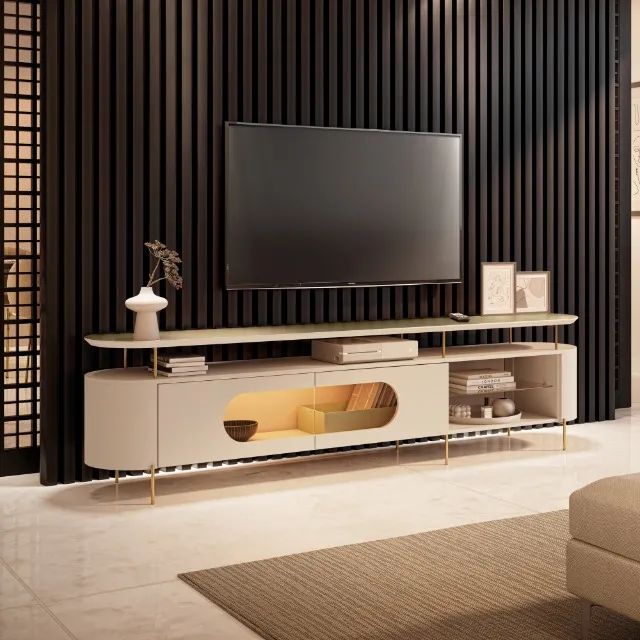Bancada 100% MDF com LED P/ TV'S até 85" e Pés em Aço Dourado