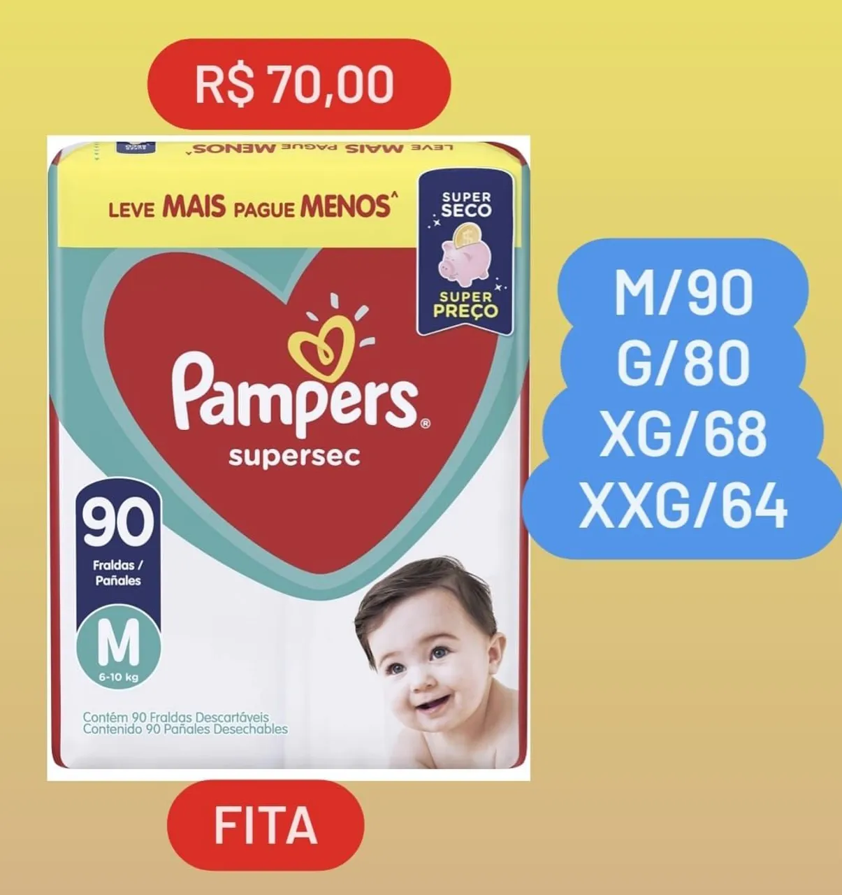 Fraldas Pampers Supersec M/90 G/80 XG/68 XXG/64 Fraldas