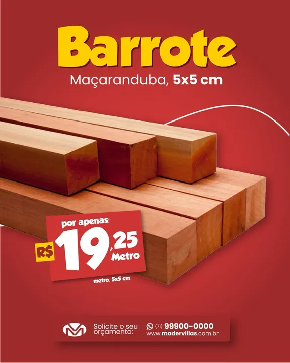 Madeira para telhado Maçaranduba BARROTE 5x5cm R$19,25 no cartão ou avista r$16,35