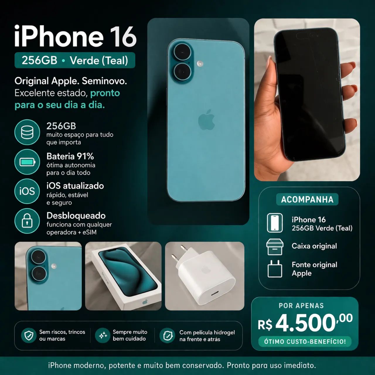 Apple iPhone 16 256GB Verde Teal, Original, Completo Impecável