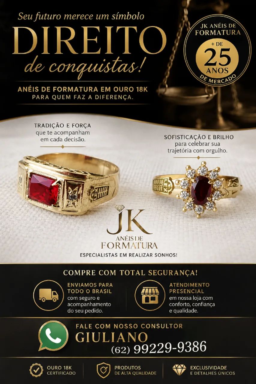 Anéis de Formatura para Direito em Ouro 18k