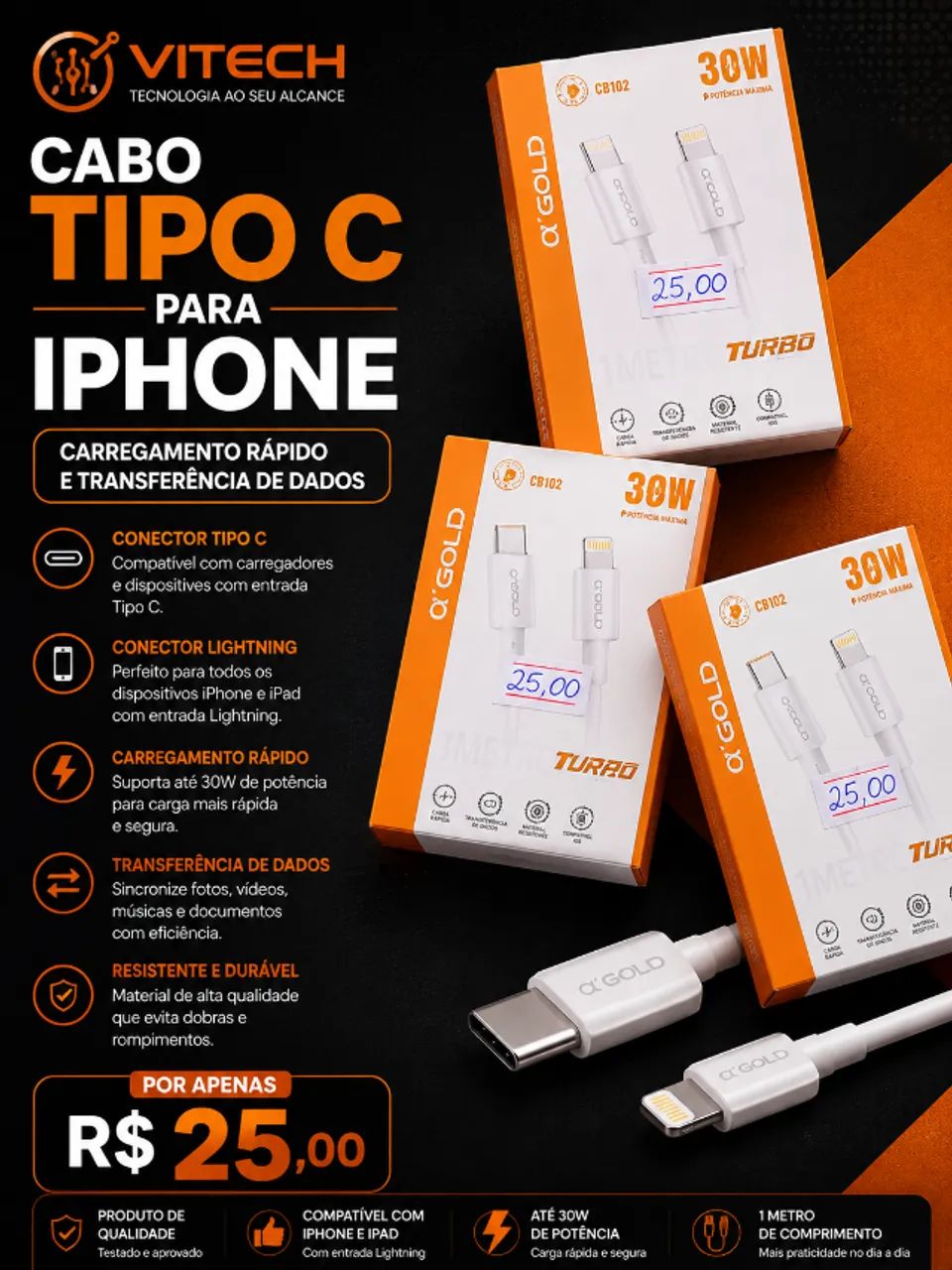 Cabo USB-C para iPhone 30W