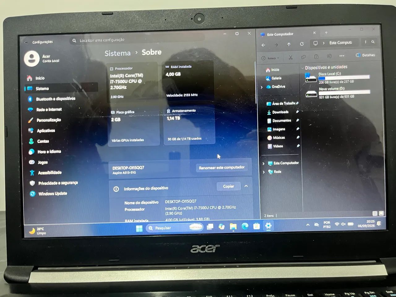 Notebook Acer 4 gb RAM 256 GB SSD Nvme e placa dedicada  - Foto 2