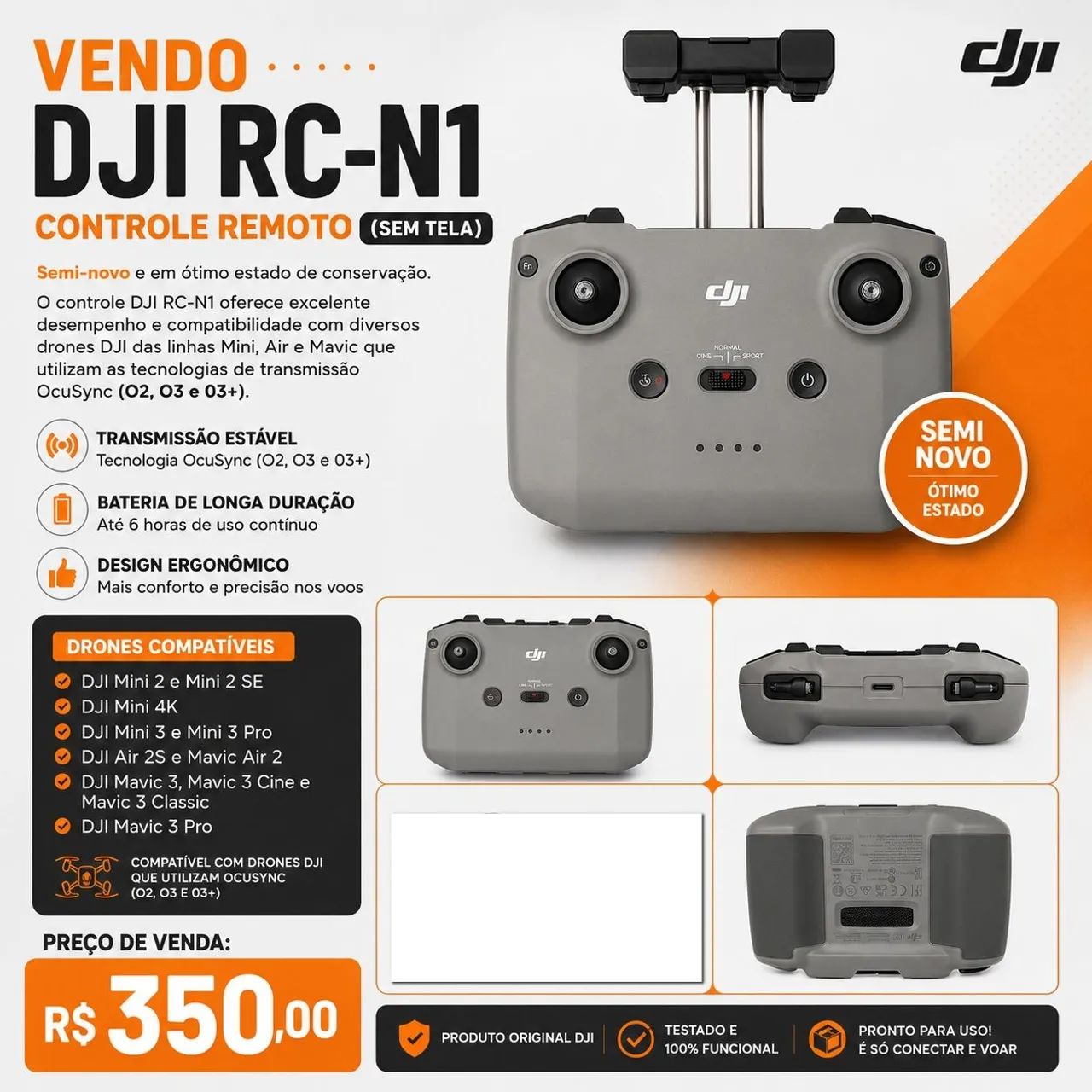 CONTROLE RC-N1 DJI SEMINOVO