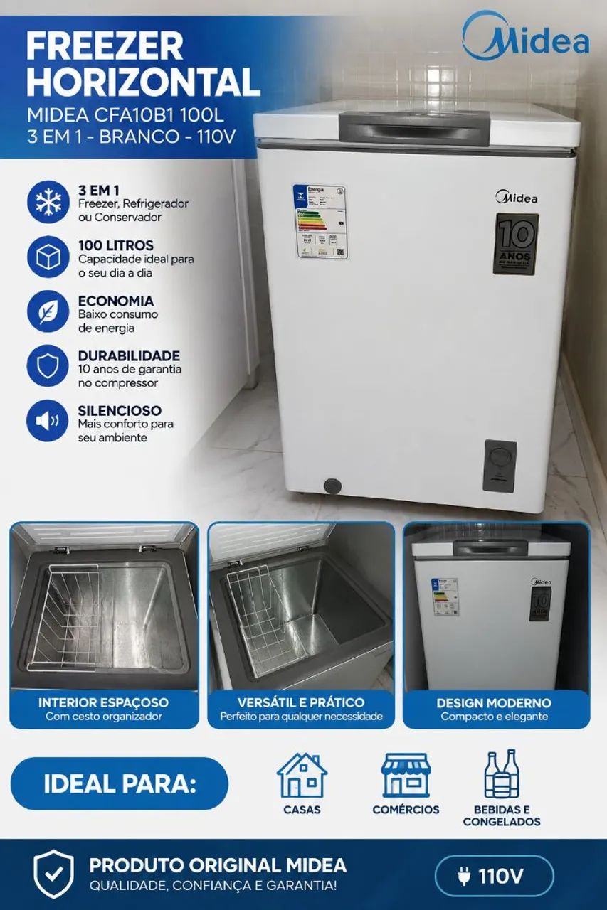 Freezer Horizontal Midea Cfa10b1 100l 3 Em 1 Branco 110v
