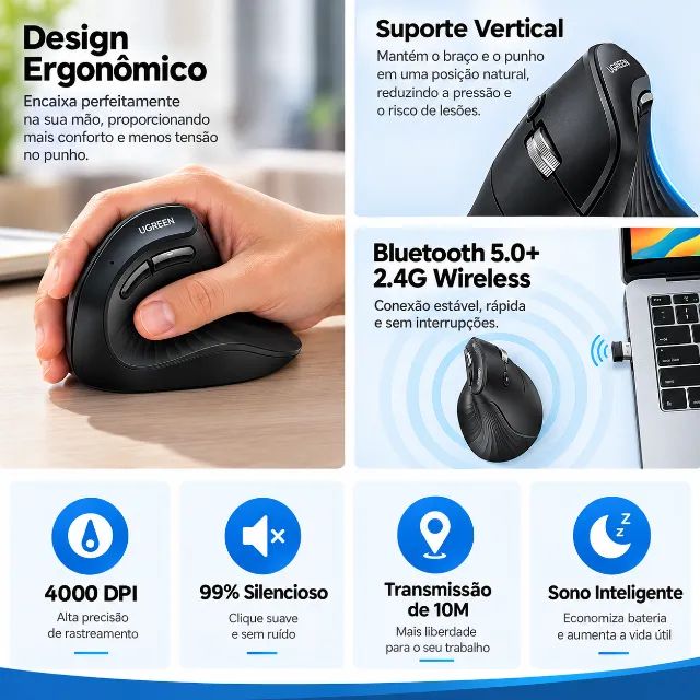 Mouse Vertical Ergonômico Sem Fio (bluetooth+wireless) - Ugreen - Foto 2