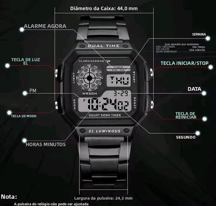 Relógio Digital Esportivo Masculino Multifuncional | Cronômetro, Data, Luz Noturna, 30 ATM - Foto 3