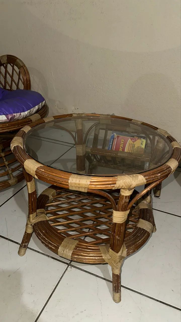 4 cadeiras de bambu + mesa de bambu com tampo de vidro + suporte de livros de bambu  - Foto 5