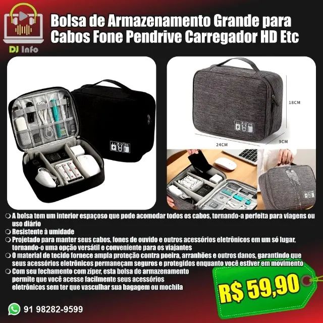 Bolsa de Armazenamento Grande para Cabos Fone Pendrive Carregador HD Etc
